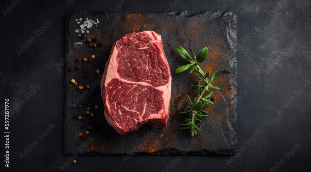 A Raw Steak on Slate Background.