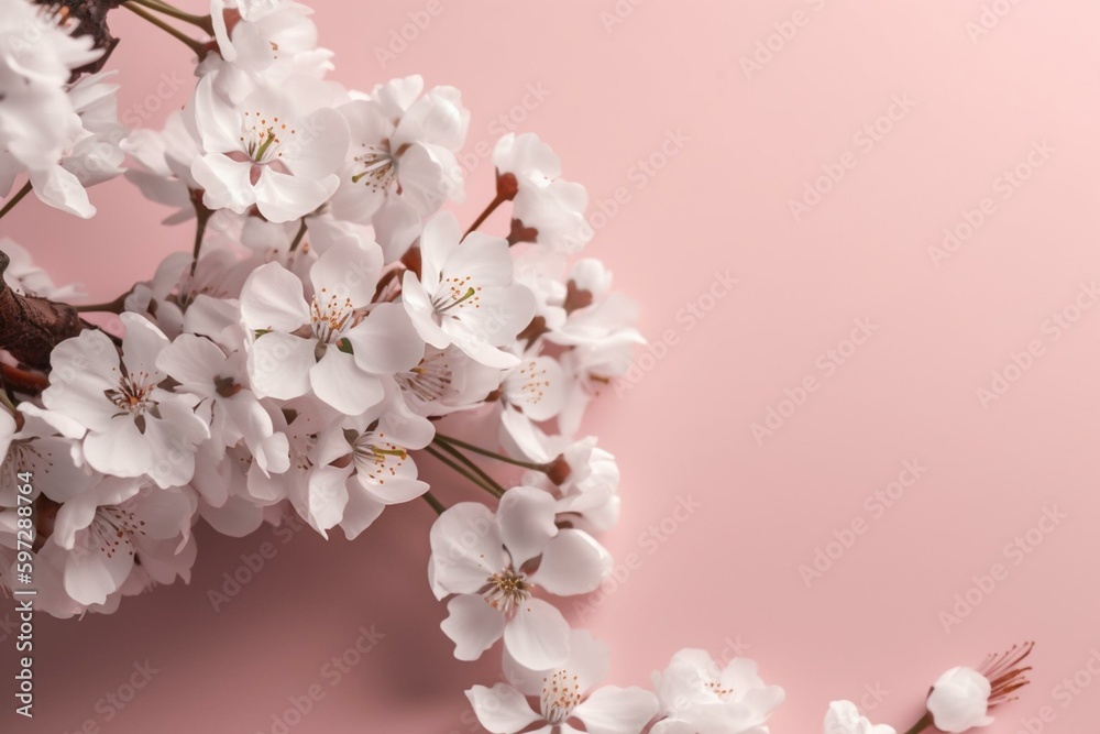 White blossoms on pink backdrop. Spring concept with area for text. 3D rendered artwork. Generative AI
