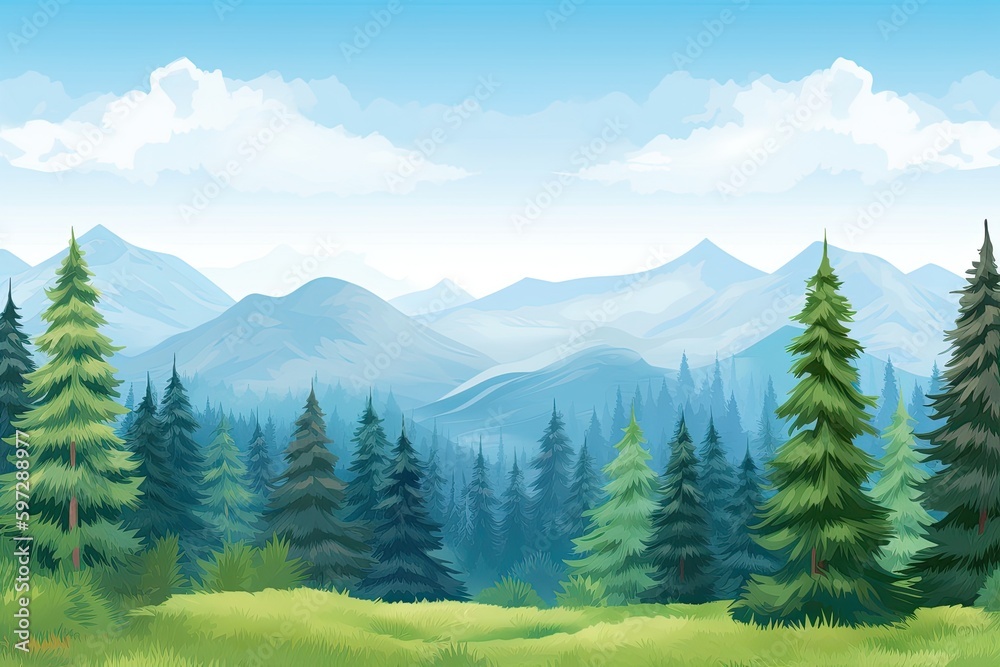 Fototapeta premium scenic green field with mountains and trees in the background. Generative AI