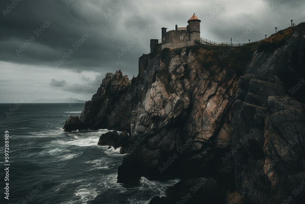 A medieval fortress perched on a craggy cliff overlooking the ocean amidst a dark cloudy backdrop. Generative AI