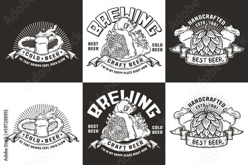 Beer set of emblems with skull and hop bag. Skeleton with hop in bone hands, bottle and onion ring for brewery or bar. Craft beer vector logo for pub and store