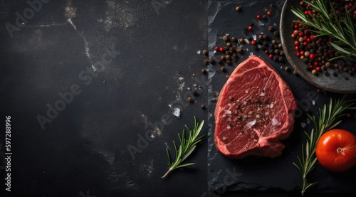 Raw Steak on Slate Background Bottom Left Placement Image.