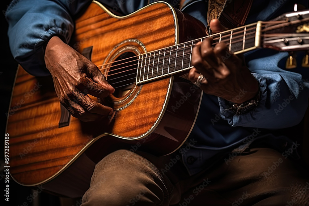 Fototapeta premium A man playing an acoustic guitar in the dark, with his hands resting on the neck and fingers pointing upwards, producing a beautiful melody. Generative Ai