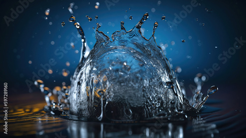 water drop splash in a glass blue colored and camera lens, generative ai