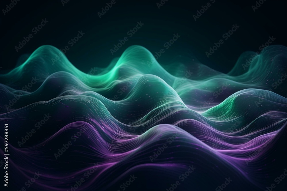 3D background featuring graceful green and purple waves. Generative AI