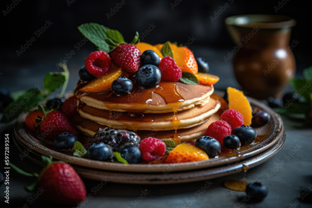 A plate of pancakes topped with berries, oranges, and strawberries, served with a glass of juice in the background.. Generative Ai