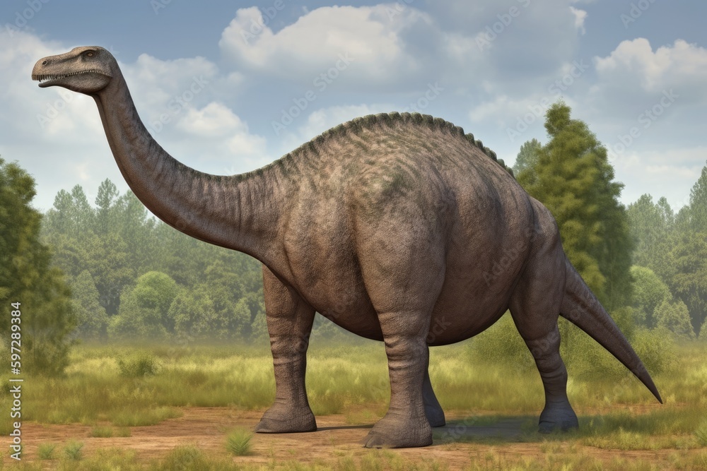 towering dinosaur standing in a lush green field. Generative AI