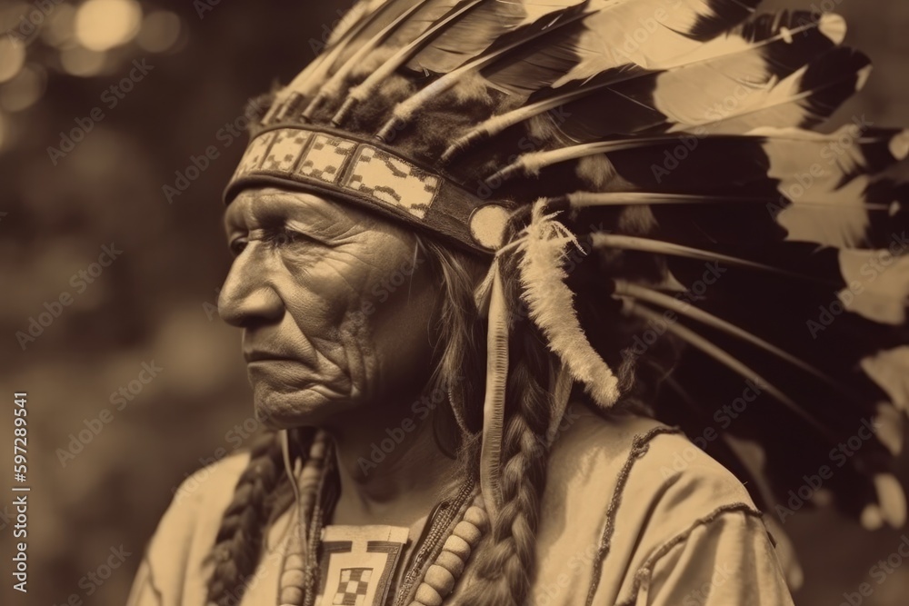 Obraz premium Portrait of Native American Indian Apache Man. Generative AI
