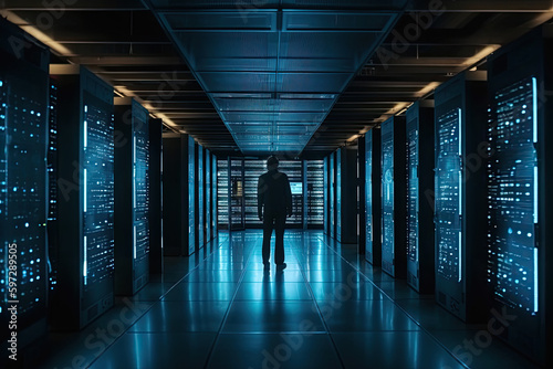 A man walking through a state-of-the-art data center at night, with blue lights shining down on the walls and floor.. Generative Ai