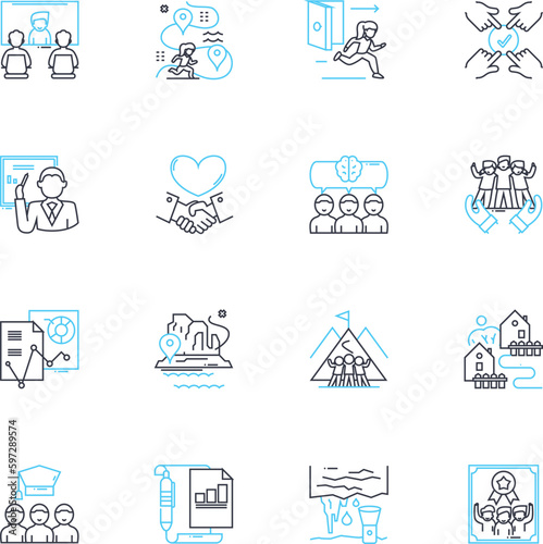 Gathering linear icons set. Congregation, Assembly, Meetup, Rendezvous, Muster, Convocation, Union line vector and concept signs. Association,Conclave,Caucus outline illustrations