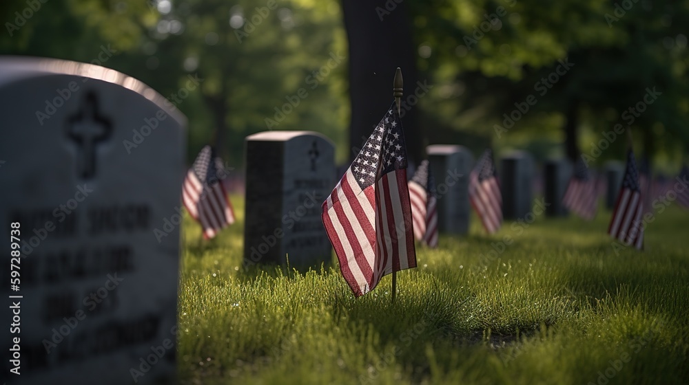 rows of gravestones with flags in military cemetery, generative AI - obrazy, fototapety, plakaty 