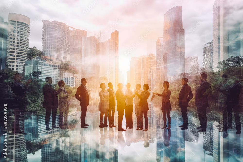 Double exposure image of group of business people conference. City background and business people. Generative AI Double exposure image of group of business people conference. City background and business people. Generative AI
