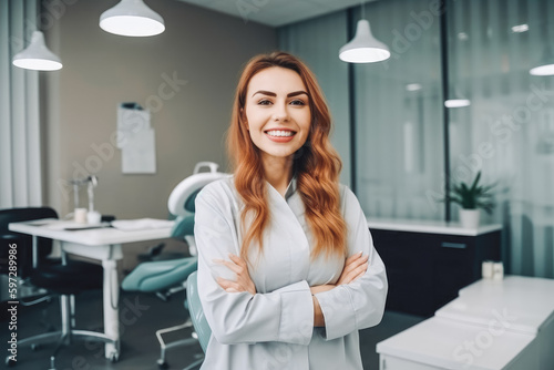 Female dentist standing with her hands crossed. Confident dentist standing in dentist office in white robe. Generative AI