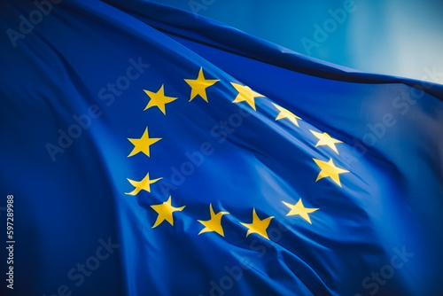 Flag of European union closeup. Blue flag with gold stars waving in the wind. Generative AI