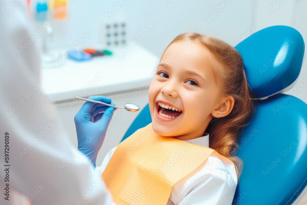 Fototapeta premium Little girl visiting dentist office. Smiling girl in dentist chair. Children's doctor, healthcare. Generative AI