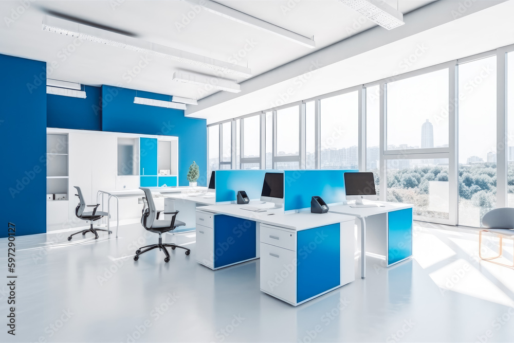 Modern white and blue open space office interior. Empty clean modern office building. Generative AI