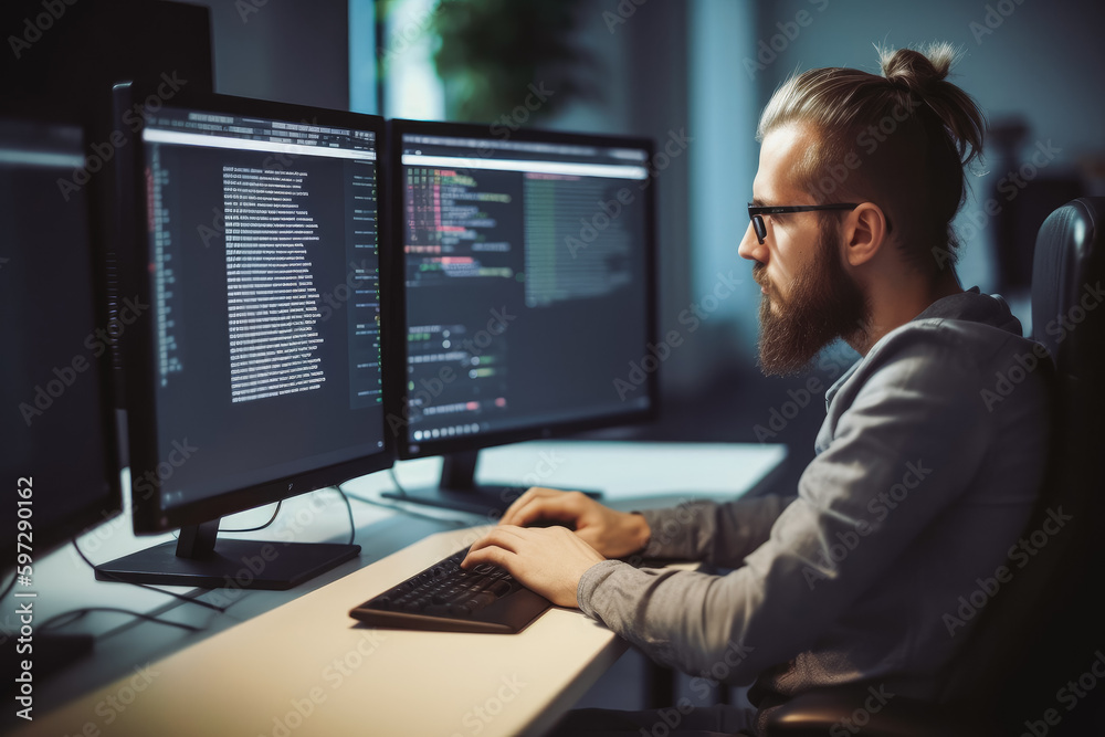Developing programmer. Development website design and computer work. Programmer working on computer. Generative AI Developing programmer. Development website design and computer work. Programmer working on computer. Generative AI