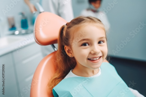 Little girl visiting dentist office. Smiling girl in dentist chair. Children's doctor, healthcare. Generative AI