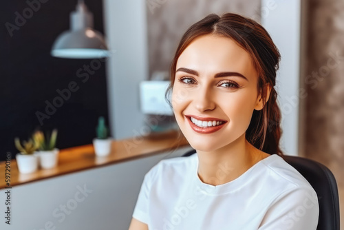 Portrait of young caucasian woman with perfect smile in living room. Modern young joyful woman smiling at camera. Generative AI