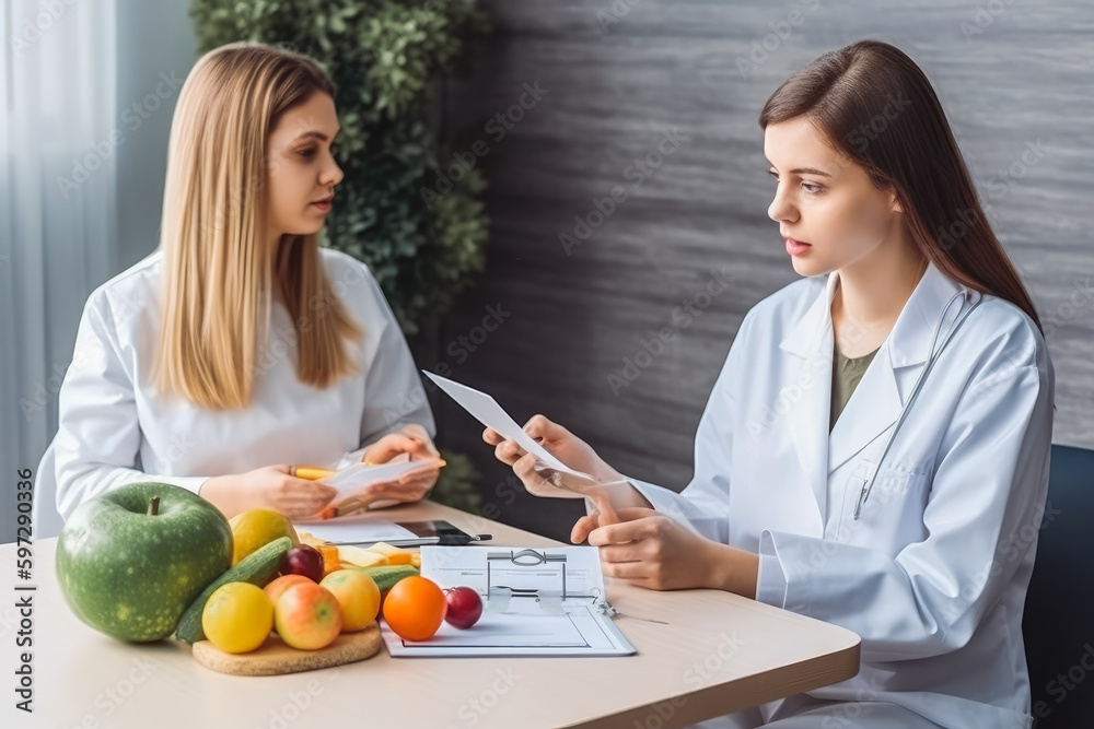 Young nutritionist consulting patient at table in clinic. Nutritionist with client at clinic, professional advice. Generative AI Young nutritionist consulting patient at table in clinic. Nutritionist with client at clinic, professional advice. Generative AI