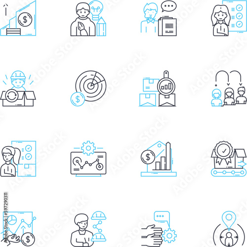 Fiscal oversight linear icons set. Accountability, Budgeting, Compliance, Transparency, Auditing, Financial, Reports line vector and concept signs. Oversight,Control,Efficiency outline illustrations