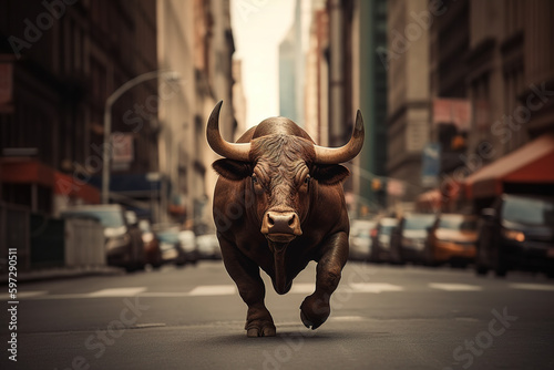 Bull market, a brown bull powerfully runs through a wide street of New York, high concentration as a strong will in the eyes of the bull, concept of business and stock market. Generative AI