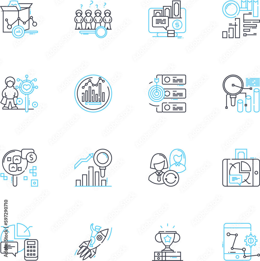 Financial blueprint linear icons set. Budgeting, Planning, Investing, Saving, Goals, Strategies, Financial line vector and concept signs. Wealth,Management,Portfolio outline illustrations
