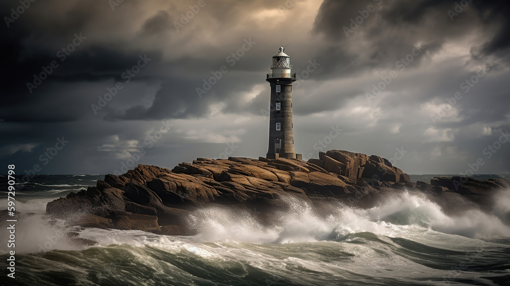 Lighthouse In Stormy Landscape - Leader And Vision Concept, Generative ai