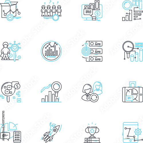 Financial blueprint linear icons set. Budgeting, Planning, Investing, Saving, Goals, Strategies, Financial line vector and concept signs. Wealth,Management,Portfolio outline illustrations