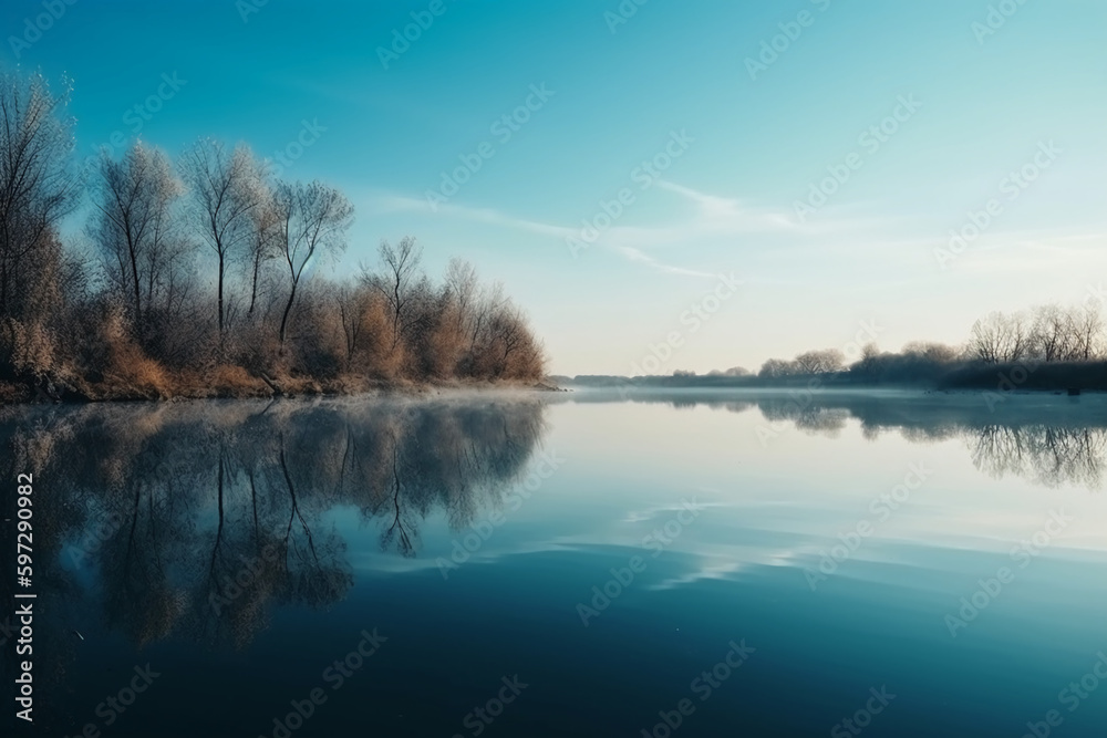 A scene in which the entire light blue sky is reflected in the water. AI generative