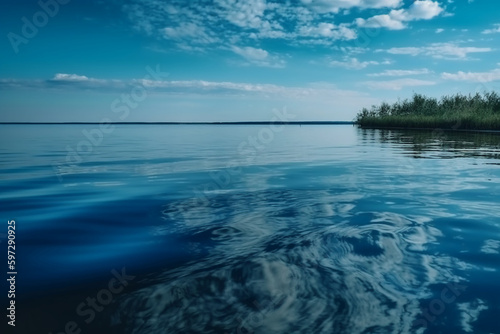 A scene in which the entire light blue sky is reflected in the water. AI generative