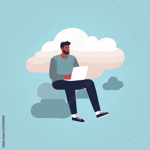 man sitting on cloud working on laptop, vector illustration