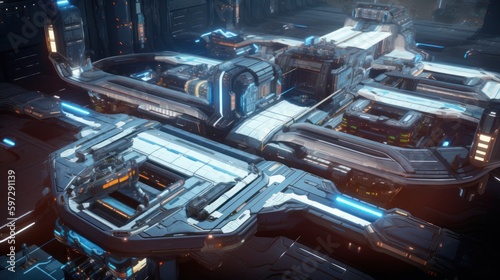 Create a sci-fi space station with sleek technology and high-tech weaponry