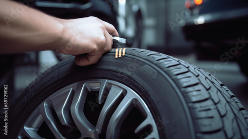 Print op canvas Mechanic checking tire tread depth and wear using a tire gauge, generative ai