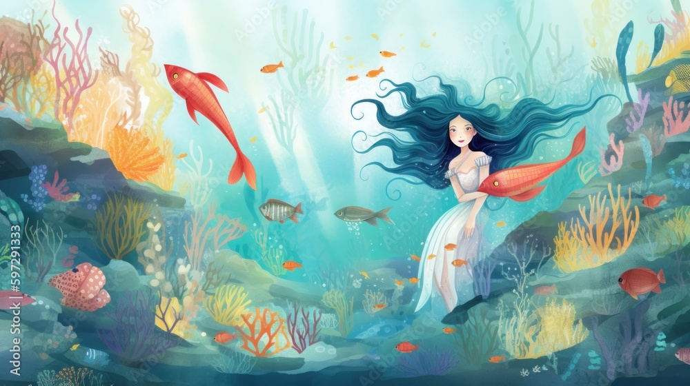Whimsical underwater world inhabited by mermaids and sea creatures ...