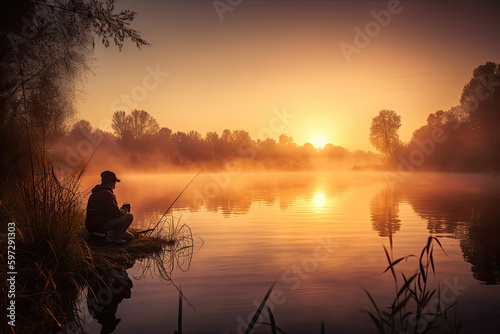 A man fishing on a lake at sunset with the sun setting in the background and fog rising over the water. Generative Ai