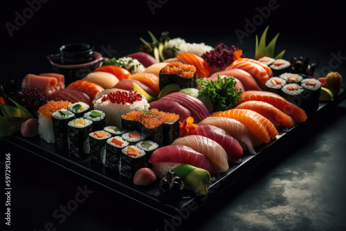 A close-up view of various types of sushi arranged on a black plate, with chopsticks and vegetables in the center, shot from above. Generative Ai
