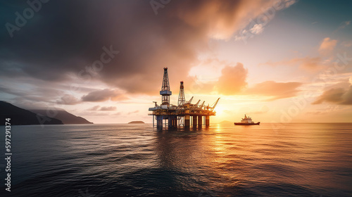 Offshore oil and rig platform in sunset or sunrise time. Construction of production process in the sea, generative ai