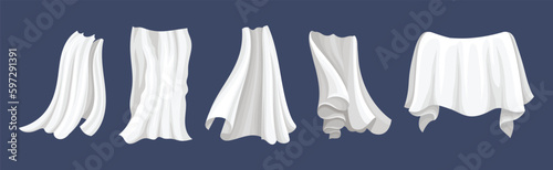 Fluttering White Cloth or Fabric Isolated on Blue Background Vector Set