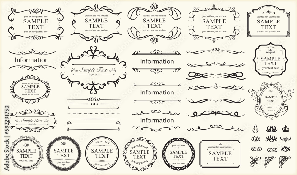 Vintage frames and scroll elements. Set of text delimiters and corner ...
