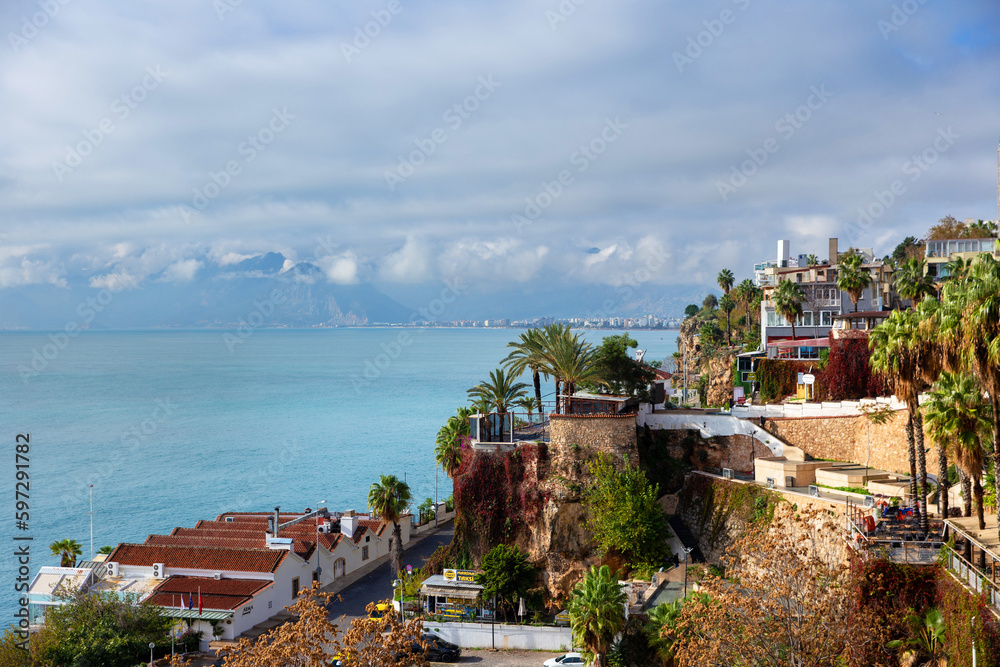 Traditional houses in the old town of Antalya, Turkey. View from above.