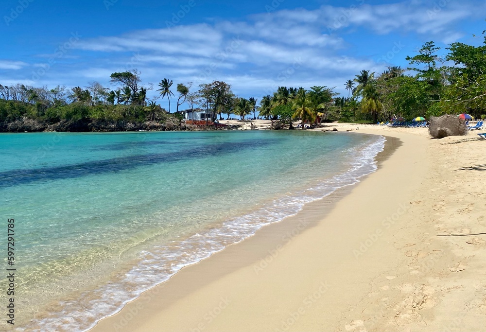 beautiful white sand and turquise water beach Rincon in Las Galeras, Samana, Dominican Republic