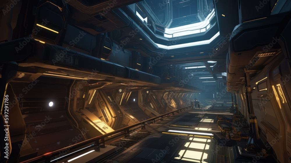 Create a sci-fi space station with sleek technology and high-tech weaponry Create a sci-fi space station with sleek technology and high-tech weaponry