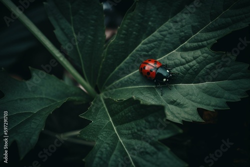 A ladybug on a green leaf surrounded by other leaves on a dark background. Generative AI © Kato
