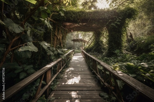 Walkway leading to a structure surrounded by foliage. Generative AI