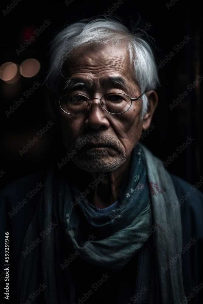 Touching photographic portrait of an old Asian man, capturing his personality and spirit with a humanist approach. Created with generative A.I. technology.