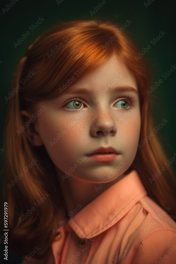 Stunning and playful close-up portrait photography of a young girl with red hair and a hint of shyness, featuring a quirky and offbeat style. Created with generative A.I. technology. Stunning and playful close-up portrait photography of a young girl with red hair and a hint of shyness, featuring a quirky and offbeat style. Created with generative A.I. technology.