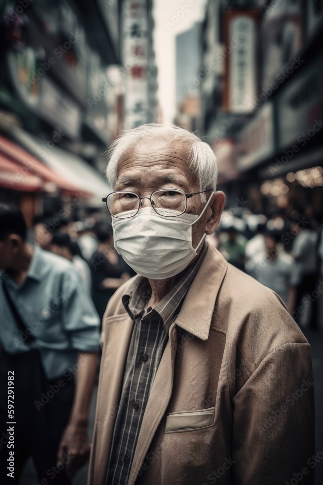 Powerful portrait of an elderly Asian man in a busy street, wearing a surgical mask and a cardigan, conveying a sense of sadness in the urban environment. Created with generative A.I. technology.