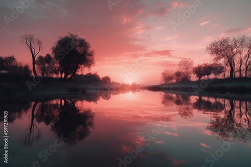 A scene in which the entire pink sky is reflected in the water. AI generative