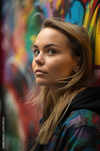 A young female graffiti artist standing proudly in front of a vibrant and colorful wall that displays her street art, with a sense of self-realization. Created with generative A.I. technology. © ahoi!